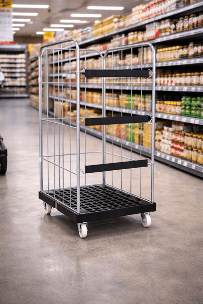 Leerer Rollwagen im Supermarktgang