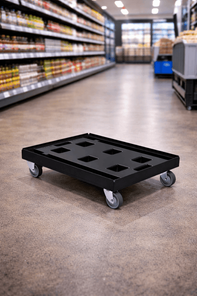 Schwarze Plattform mit Rollen im Supermarkt